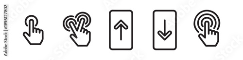 Vector icons of touch screen gestures including scrolling, tapping, clicking, and swiping in clean line and solid silhouette styles. Ideal for UI/UX mobile app guides.