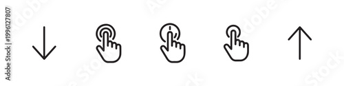 Vector icons of touch screen gestures including scrolling, tapping, clicking, and swiping in clean line and solid silhouette styles. Ideal for UI/UX mobile app guides.