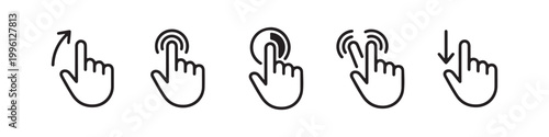 Vector icons of touch screen gestures including scrolling, tapping, clicking, and swiping in clean line and solid silhouette styles. Ideal for UI/UX mobile app guides.