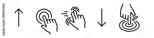Vector icons of touch screen gestures including scrolling, tapping, clicking, and swiping in clean line and solid silhouette styles. Ideal for UI/UX mobile app guides.