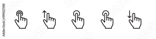Vector icons of touch screen gestures including scrolling, tapping, clicking, and swiping in clean line and solid silhouette styles. Ideal for UI/UX mobile app guides.
