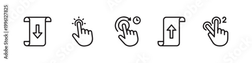 Vector icons of touch screen gestures including scrolling, tapping, clicking, and swiping in clean line and solid silhouette styles. Ideal for UI/UX mobile app guides.