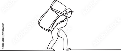 Continuous one line of a porter carrying a load, symbolizing physical strength. one line Icon drawing