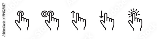 Vector icons of touch screen gestures including scrolling, tapping, clicking, and swiping in clean line and solid silhouette styles. Ideal for UI/UX mobile app guides.