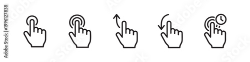 Vector icons of touch screen gestures including scrolling, tapping, clicking, and swiping in clean line and solid silhouette styles. Ideal for UI/UX mobile app guides.