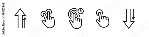 Vector icons of touch screen gestures including scrolling, tapping, clicking, and swiping in clean line and solid silhouette styles. Ideal for UI/UX mobile app guides.