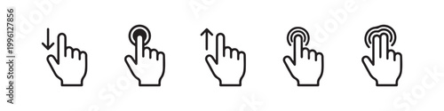 Vector icons of touch screen gestures including scrolling, tapping, clicking, and swiping in clean line and solid silhouette styles. Ideal for UI/UX mobile app guides.