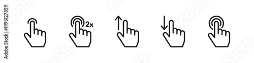 Vector icons of touch screen gestures including scrolling, tapping, clicking, and swiping in clean line and solid silhouette styles. Ideal for UI/UX mobile app guides.