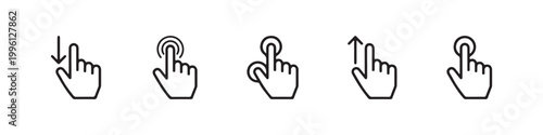 Vector icons of touch screen gestures including scrolling, tapping, clicking, and swiping in clean line and solid silhouette styles. Ideal for UI/UX mobile app guides.