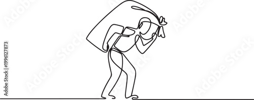 Continuous one line of a porter carrying a load, symbolizing physical strength. one line Icon drawing