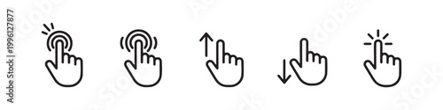 Vector icons of touch screen gestures including scrolling, tapping, clicking, and swiping in clean line and solid silhouette styles. Ideal for UI/UX mobile app guides.