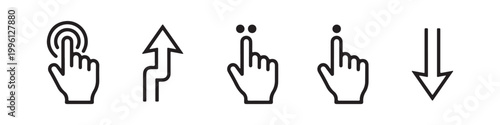 Vector icons of touch screen gestures including scrolling, tapping, clicking, and swiping in clean line and solid silhouette styles. Ideal for UI/UX mobile app guides.