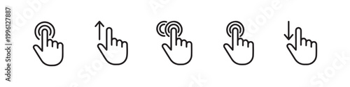 Vector icons of touch screen gestures including scrolling, tapping, clicking, and swiping in clean line and solid silhouette styles. Ideal for UI/UX mobile app guides.