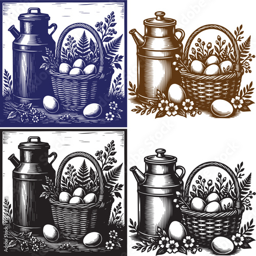 Rustic farm life vector illustration with milk can, egg basket and wildflowers