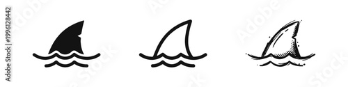 Shark fin in water waves icon set in flat line and sketch styles