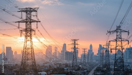 A sprawling cityscape is framed by towering power lines silhouetted against a vibrant sunset sky, showcasing the intersection of urban development and essential infrastructure.