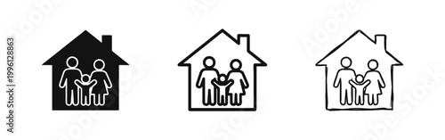 Family at home icon set with parents and child inside house