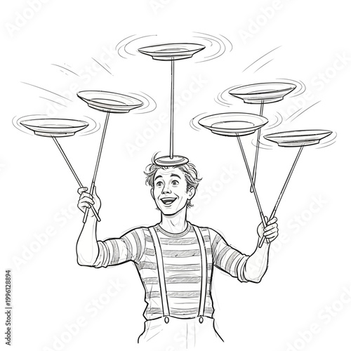 Circus performer balancing plates on sticks on his head and hands