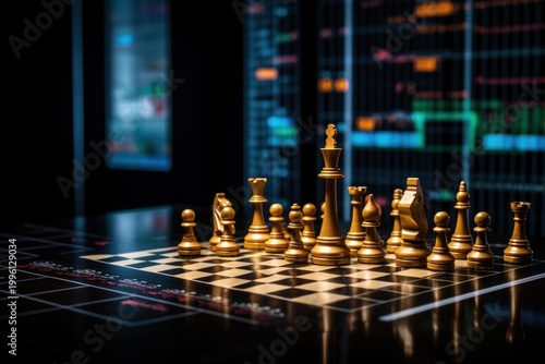 Golden chess pieces symbolizing financial strategy and business competition against a data background