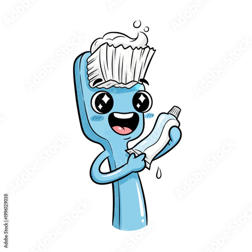Cute cartoon toothbrush with toothpaste, happy face, brushing teeth concept