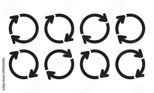 Collection of eight black circular refresh icons with arrows on transparent background.
