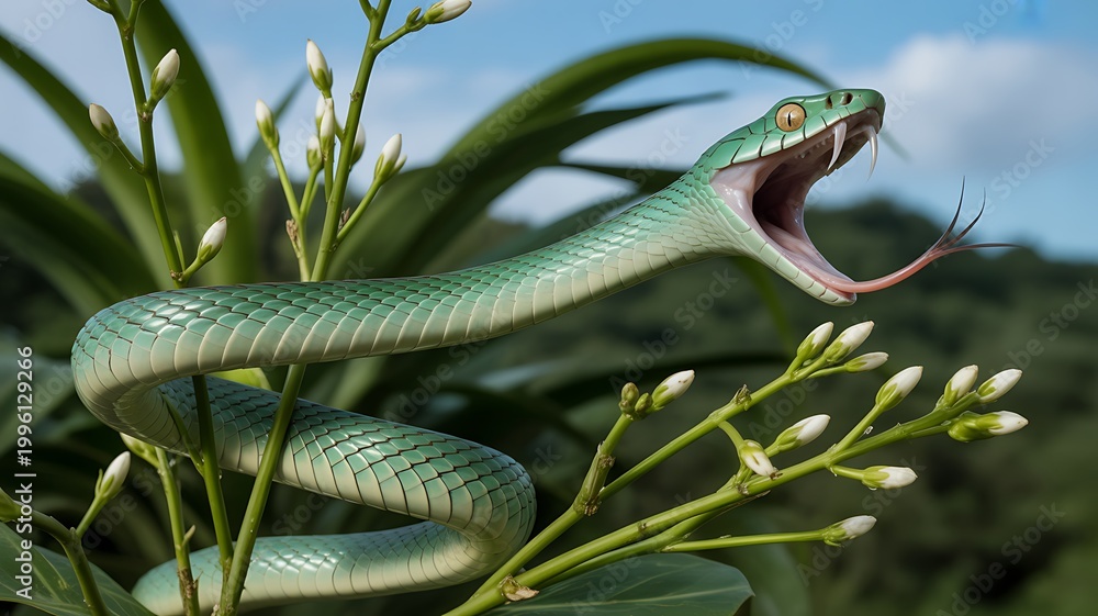 Fototapeta premium Slender green snake coiled around a plant branch with its mouth open