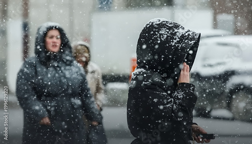 Women in winter coats enjoying snowfall in a city street
