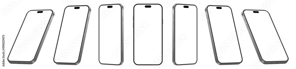 Obraz premium Realistic Smartphone Mockup Set. Perspective Mobile Phones With Blank Screen isolated on Transparent Background