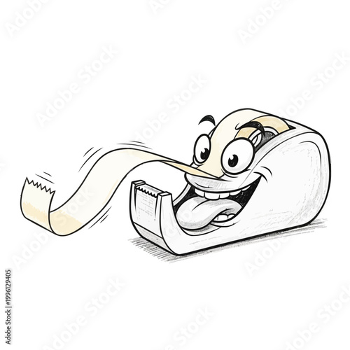 Funny cartoon tape dispenser with a long tongue sticking out, isolated on white background