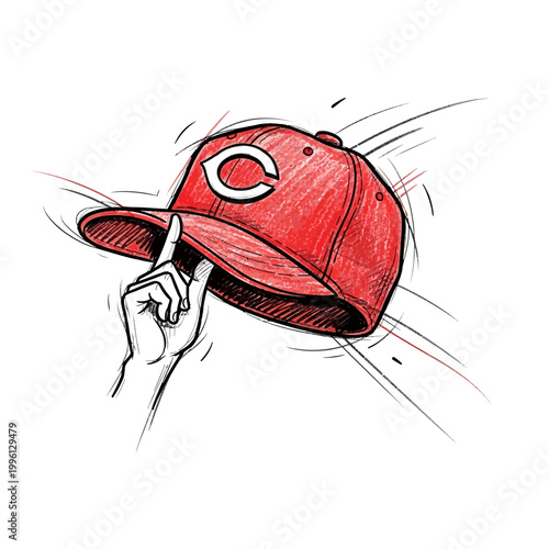 Hand tipping a red baseball cap with a C logo