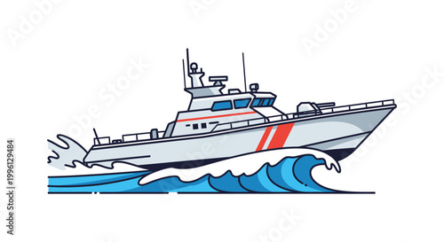 Large white speed boat on water.