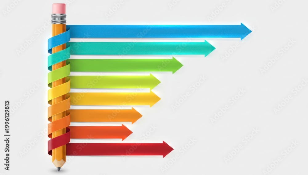 Fototapeta premium Creative process visualized with a colorful pencil and ascending arrows representing progress growth and successful strategy development in a clean modern graphic design