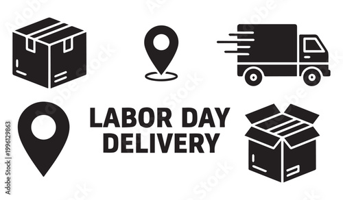Labor day delivery icons featuring boxes truck location markers and text high-quality professional