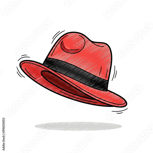 Red fedora hat with black band, hand-drawn sketch style, isolated on white background.