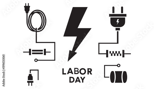 A diagram showing electrical components and a lightning bolt with labor day text