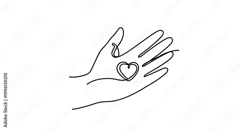 Obraz premium Single line continuous art illustration of an open hand with a heart shape drawn within it, symbolizing love, care, and empathy