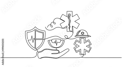 Continuous line art medical icons including a hand, shield, heartbeat, and staff of Asclepius symbolizing healthcare, safety, and well-being