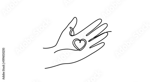 Single line continuous art illustration of an open hand with a heart shape drawn within it, symbolizing love, care, and empathy