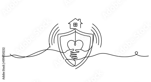 Continuous line art of hands cradling a heart within a shield, protecting a house with radiating waves, symbolizing security, home, and care, rendered in a minimalist style