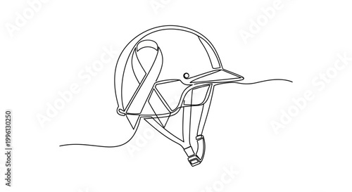 Equestrian helmet with a pink ribbon, symbolizing breast cancer awareness, rendered in a clean, minimalist continuous line art style