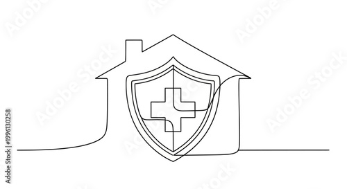 Continuous line art of a house with a shield and a cross symbol representing healthcare or protection, symbolizing home security and well-being