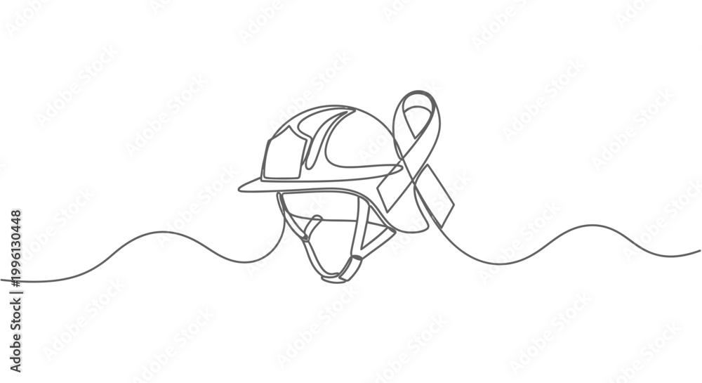 Fototapeta premium Single continuous line drawing of a fire helmet adorned with a ribbon, symbolizing support, safety, and solidarity within the firefighting community