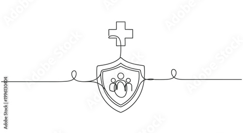 Continuous line art illustration of a shield protecting a family group with a medical cross symbolizing health insurance coverage and security