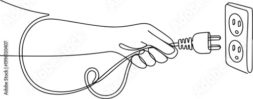 continuous line drawing of energy saving, hand pulling plug out of electrical socket. single line vector illustration. one line Icon drawing