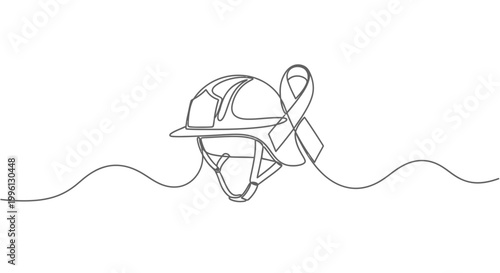 Single continuous line drawing of a fire helmet adorned with a ribbon, symbolizing support, safety, and solidarity within the firefighting community