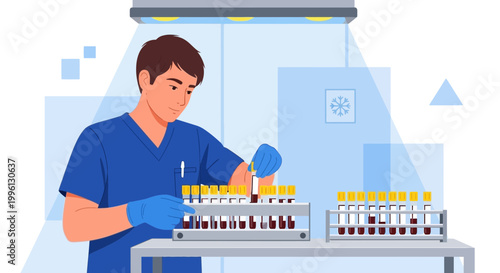 Medical professional in lab coat examining blood samples in test tubes in a laboratory