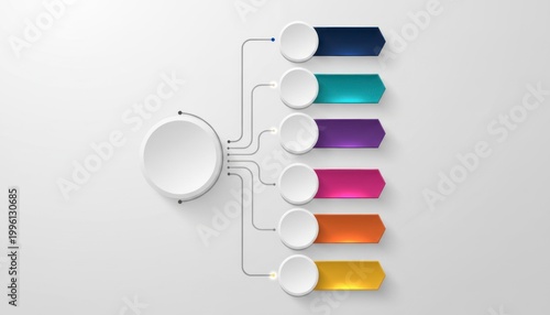 Conceptual flow chart diagram illustrating a central idea branching out into six distinct pathways with colorful modern infographic elements on a clean minimalist background