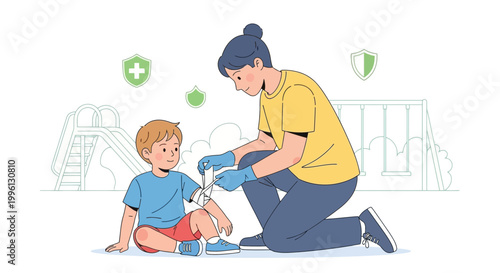 Mother applying bandage to child's arm after playground injury, healthcare concept
