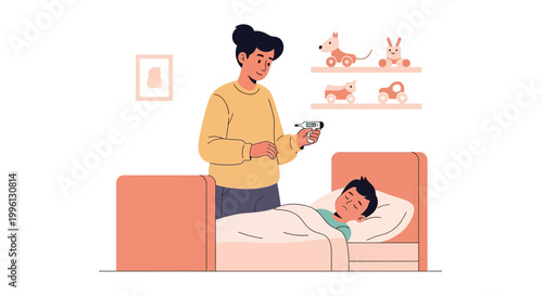 Mother checking child's temperature with thermometer while child lies in bed sick