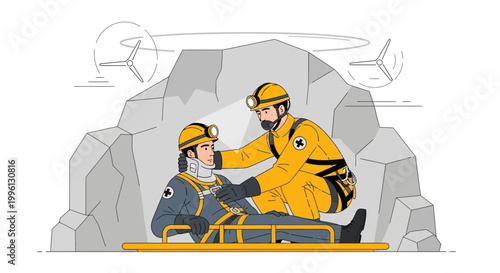 Miner rescue: rescuer helps injured colleague on stretcher in cave, safety concept